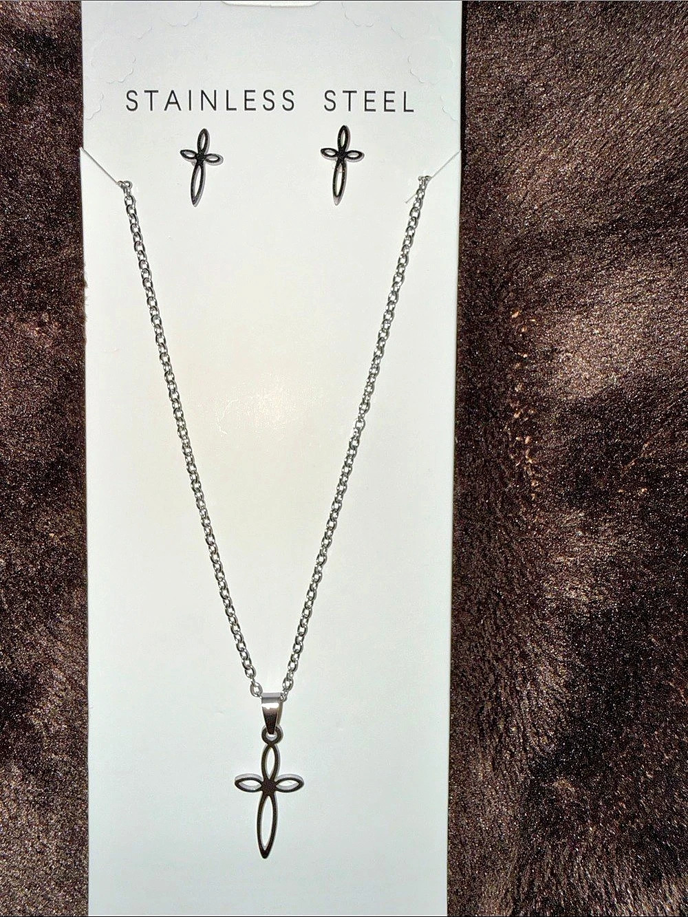 Stainless Steel Cross Necklace & Earrings NWT
